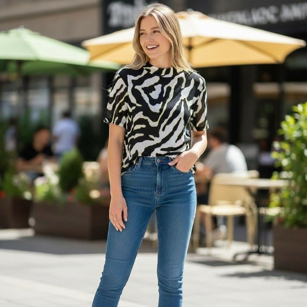 Zara Trafaluc Zebra Print Short Sleeve Top Black White Yellow Mock Neck Small